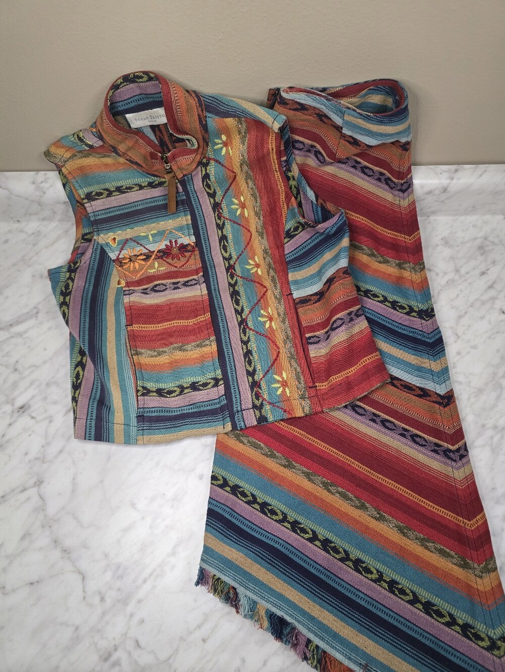 Susan Bristol Set Vintage Tapestry Embroidered Aztec Southwestern 2P & PP/XS